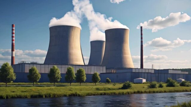 Smoke billows nuclear power plant with cooling towers. Generative AI