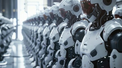 Fototapeta premium Advanced robotics production line with autonomous robotic arms assembled in row. Future of manufacturing and technology.