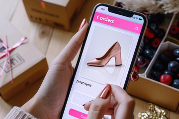 Online shopping: user ordering shoes, clothes and accessories with e commerce web site using a...