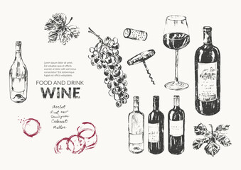 Vector wine illustration. Wine bottle, glass, wine stains, cork, corkscrew, grape bunch, vine leaf, marks. For food and drink background, wine list, cafe menu. - obrazy, fototapety, plakaty
