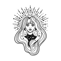 Fairy girl with space hair. Astrology and astronomy Business concept, fortune tellers, predictions, horoscope. Logo vector illustration. Witchcraft, spirituality. Coloring book - 786391338