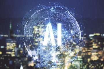 Creative artificial Intelligence symbol hologram on blurry skyscrapers background. Double exposure - obrazy, fototapety, plakaty