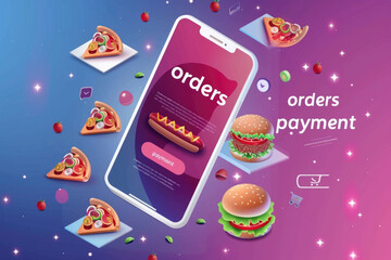 Online fast food shopping: user ordering meal online using a mobile app, food delivery concept