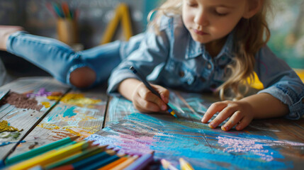 Little girl drawing picture with soft pastel 