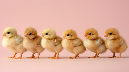 Fototapeta premium Six Adorable Fluffy Yellow Chicks in a Row on Pink Background, Ideal for Easter, Spring Themes, and Animal Lovers 