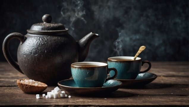 Teapot with cups, bowl of sugar cubes and spoon on distressed grunge background.