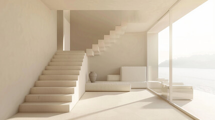 Elegant beige stairs in a modern Scandinavian lounge featuring a panoramic window.