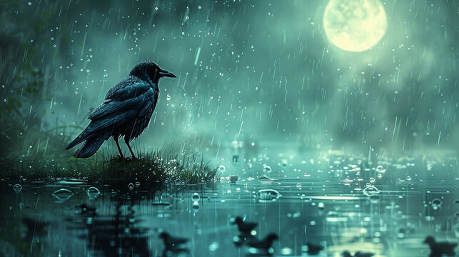 illustration of a crow in the rain flat style