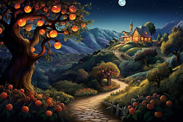 A glowing harvest moon behind an orchard of whimsical fruit trees, with a winding path leading to a cozy cottage ,  illustration