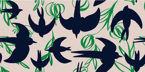Hand drawn style ornament seamless pattern with birds. Abstract trendy monochrome print.
- 786392379
