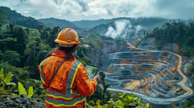 The scene is set in a mountainous area with a large open pit mine