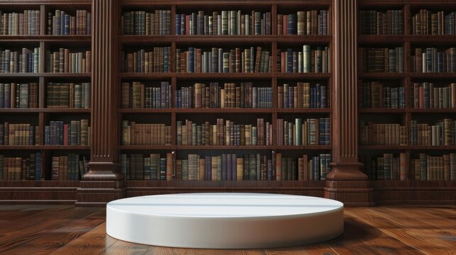 Classic white podium in an old library for academic presentations and vintage-themed promotions

