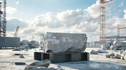 Obraz premium Rock podium in a busy construction site with an industrial background. Suitable for construction-themed product showcases and industrial marketing.