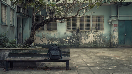 A school bag placed on a bench in a deserted school courtyard during a peaceful afternoon. - obrazy, fototapety, plakaty