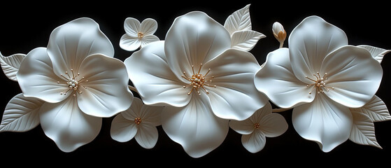a three white flowers on a black background