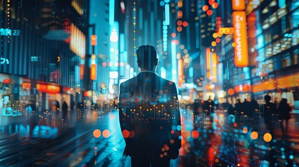 Businessman walking on the street wearing suit at sunset in the city with blurred bokeh background - obrazy, fototapety, plakaty
