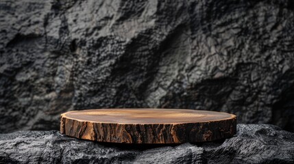 Fototapeta premium Wooden Podium black rock background, product presentation and display, Concept scene stage showcase for a new product, promotion sale, banner, presentation, cosmetic. Wooden stand studio empty