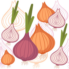 Seamless pattern of bulb red onion and garlic with green stem spicy edible root vector illustration on white background