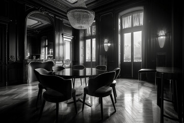 Parisian Mansion Dining Room with Minimalist Elegance, Glass Table, Black and White Palette, Twilight Light, Velvet Textures - obrazy, fototapety, plakaty