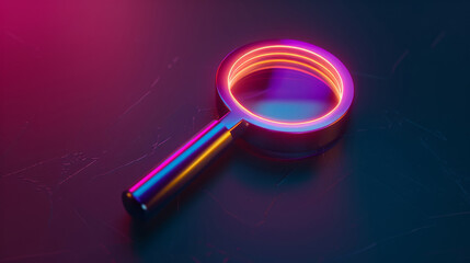 magnifying glass, search and internet for information, research and media with neon color on dark background. SEO tool for business development, innovation and creative object for keyword on website - obrazy, fototapety, plakaty