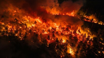 Fototapeta premium Aerial view of a large-scale firefighting operation, with multiple teams strategically positioned to combat the sprawling flames.