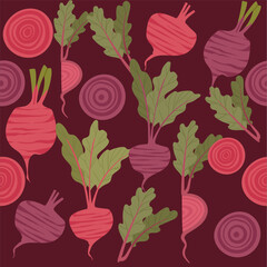 Seamless pattern of beetroot with green leaves tasty sweet vegetable vector illustration on dark background