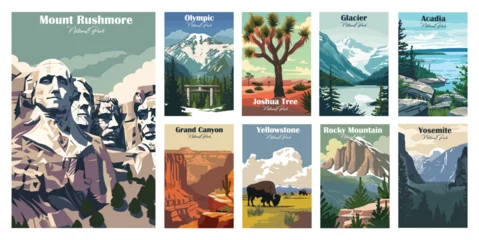 Fotobehang Vintage Poster Set of 9 Vintage National Park Posters National Park Art Prints, Nature Wall Art, and Mountain Print Travel Wall Art Living Room Bedroom Bathroom Decor.  © DesignerThc