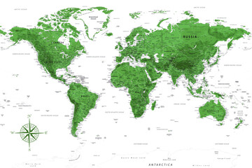 World Map - Highly Detailed Vector Map of the World. Ideally for the Print Posters. Emerald Green Grey Colors. Relief Topographic - obrazy, fototapety, plakaty