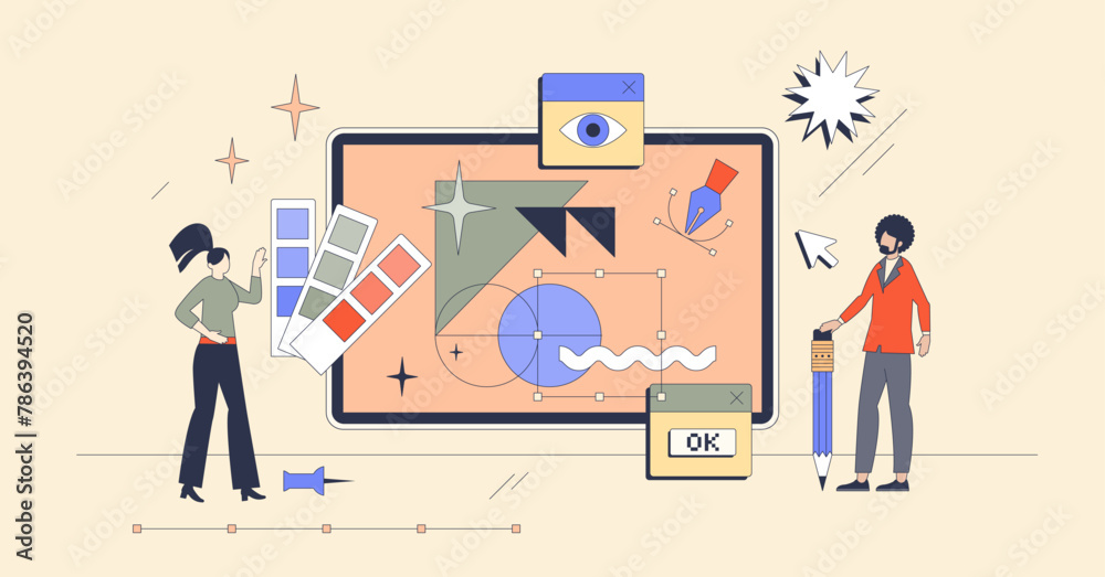 Wall mural digital design and visual material drawing neubrutalism tiny person concept. website layout, interfa