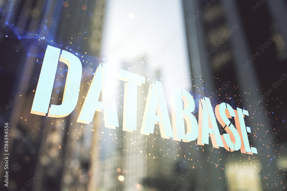 Poster double exposure of creative database word hologram on modern skyscrapers background, research and de