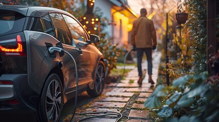 Generic electric vehicle EV hybrid car is being charged from a wallbox on a contemporary modern residential building house