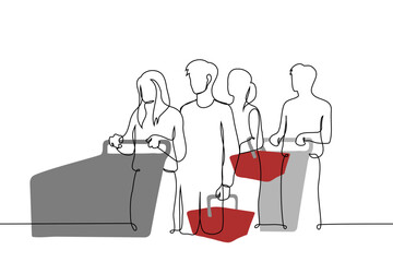 queue of people standing in the store - one line vector. men and women with shopping carts and baskets standing at the checkout