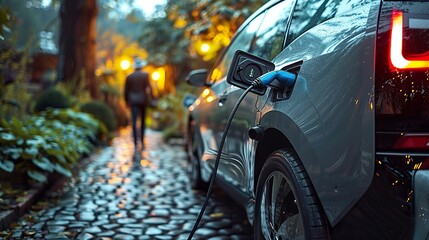 Alternative energy concept.Close up of the Hybrid car electric charger station with power supply plugged into an electric car being charged