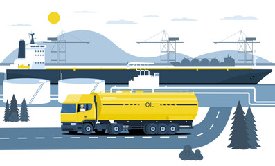 Ship tanker with oil is unloaded in the port terminal. A tanker truck transports oil. Vector illustration.