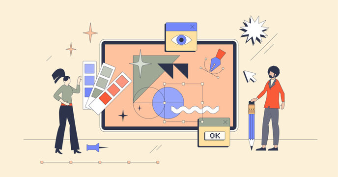 Digital design and visual material drawing neubrutalism tiny person concept. Website layout, interface or corporate style creation with geometric figures, fonts, color and shapes vector illustration.