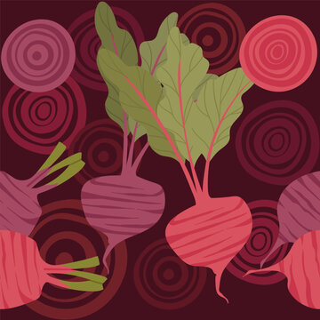 Seamless pattern of beetroot with green leaves tasty sweet vegetable vector illustration on dark background