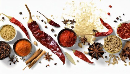Spice Extravaganza: Red Chilies and Exotics Displayed on White