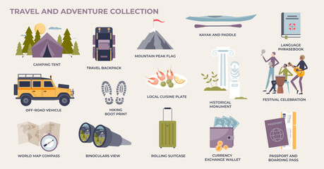 Travel and adventure elements for holiday trips tiny person collection set. Labeled outdoor activity items and accessories for hiking, kayaking, sightseeing or foreign journey vector illustration.