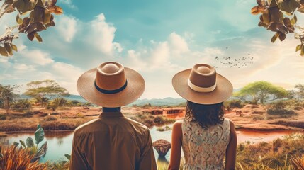 Fototapeta premium A man and a woman are standing together in front of a calm lake. They are looking out at the water, with mountains in the background. The couple is dressed casually and seem to be enjoying the view.