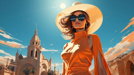 Obraz premium A painting depicting a woman with a stylish hat and fashionable sunglasses. The womans expression is confident as she gazes directly at the viewer.