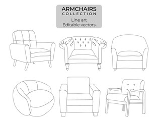 Armchairs seater line drawing outline sofa and furniture editable vector collection