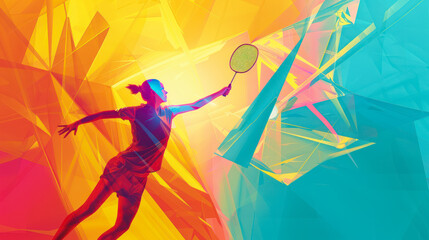 Abstract silhouette of a badminton player on colorful background. The badminton player woman hits the shuttlecock. Line art illustration. Summer Olympic games in France - obrazy, fototapety, plakaty