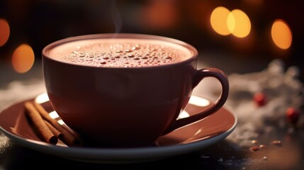 A ceramic cup filled with steaming hot chocolate sits on a matching saucer. The rich brown liquid...