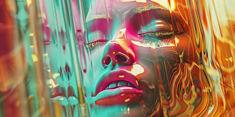 Calming meltdown feeling in rhythm of technology woman face melting to colors wet oils background.