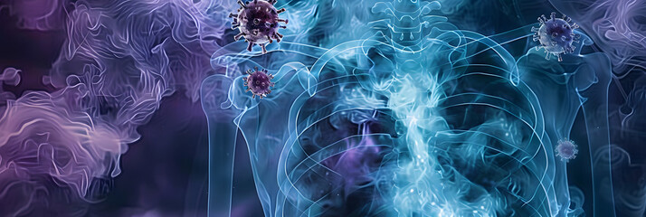 Illustrative pseudo xray of virus cells causing respiratory illness highlighting medical diagnosis through imaging. Concept Medical Illustration, Respiratory Disease, Virus Cells, X-Ray Imaging - obrazy, fototapety, plakaty