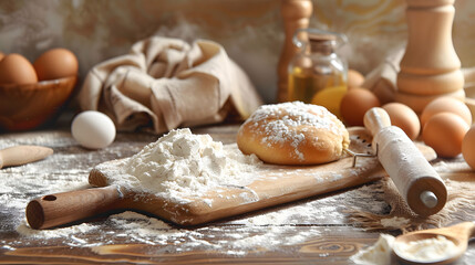 Fototapeta premium fresh raw dough for pizza or bread baking on wooden cutting board