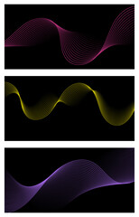 Set of abstract backgrounds with waves for banner. Medium banner size. Vector background with lines. Element for design. Brochure, booklet. Black, pink, yellow, purple