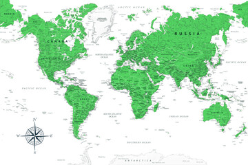 Fototapeta na wymiar World Map - Highly Detailed Vector Map of the World. Ideally for the Print Posters. Emerald Green Grey Colors. Relief Topographic