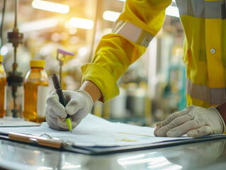 A safety engineer is inspecting and preparing a safety report in the manufacturing industry.