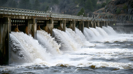 Water spills over the top of Englebright Dam on the Yuba River. A larger than normal snowpack in the Sierra Nevada Mountains has increased runoff into lakes and rivers in California.